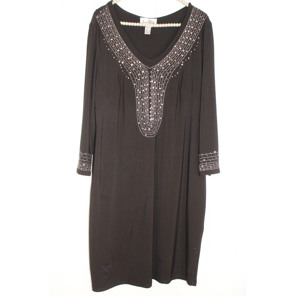 Joseph Ribkoff Black Sheath Dress with V Neck and Silver Embellishment Size 18